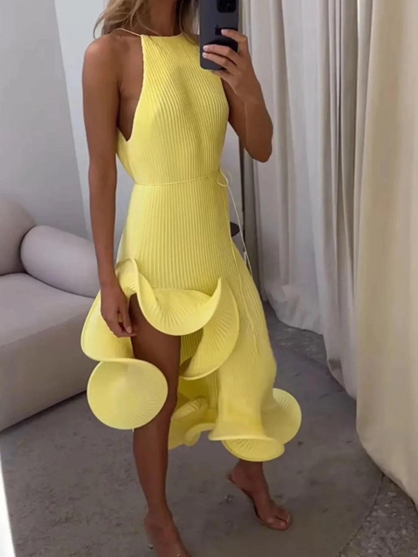 Ruffle Hem Ribbed Sleeveless Dress - VILLA FASHION