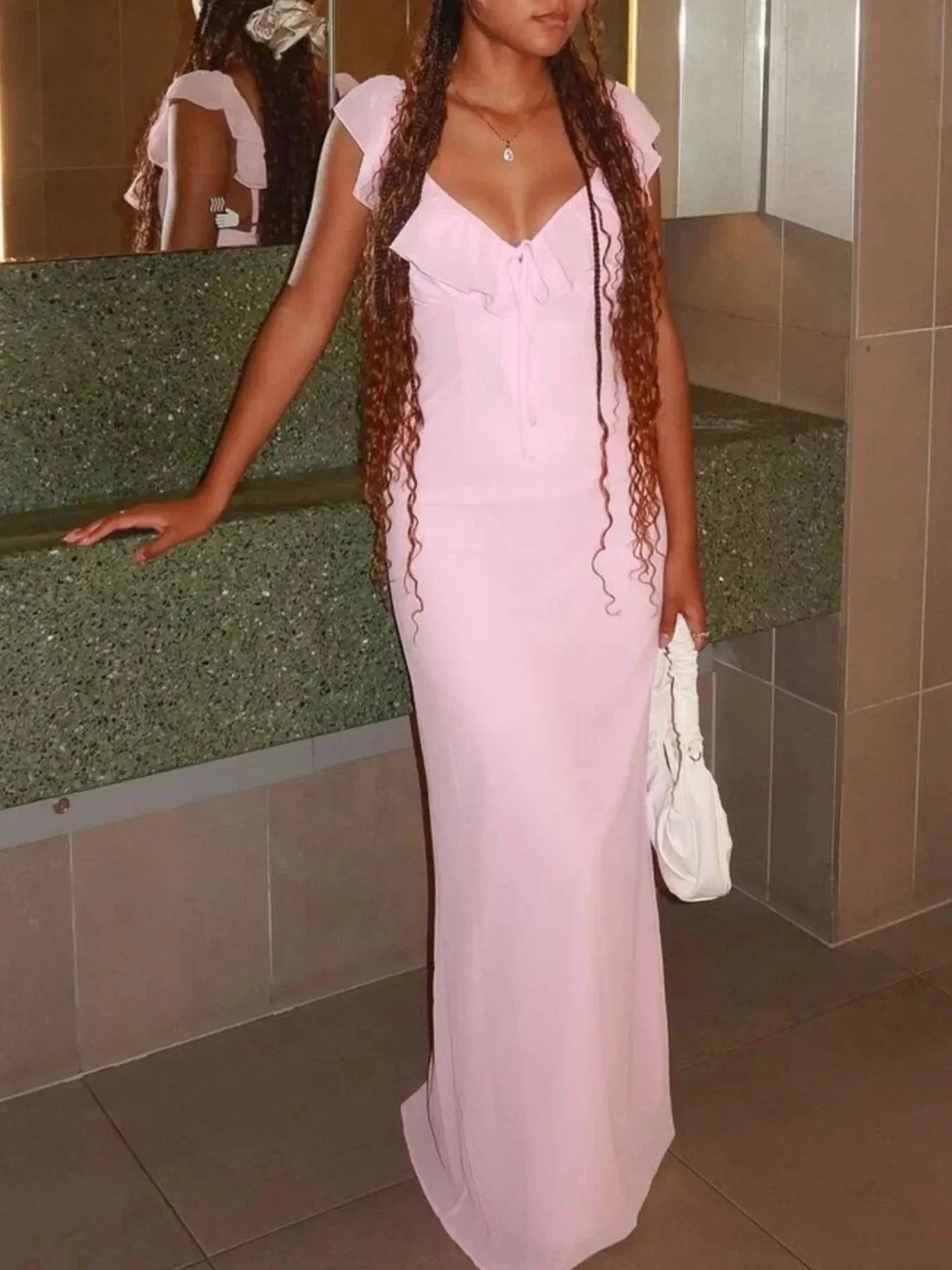 Ruffled V - Neck Sleeveless Maxi Dress - VILLA FASHION