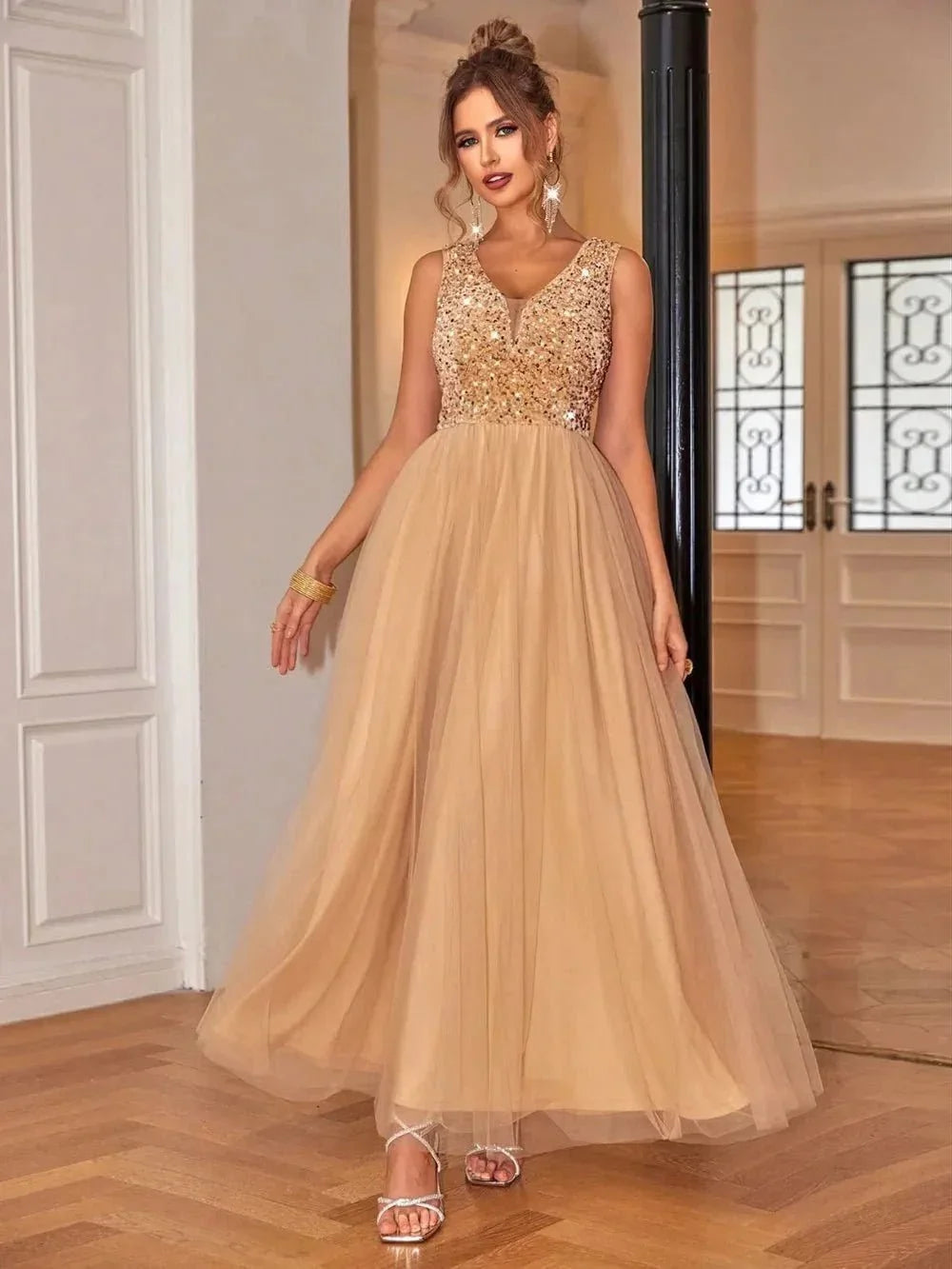 Sequin V - Neck Sleeveless Dress - VILLA FASHION