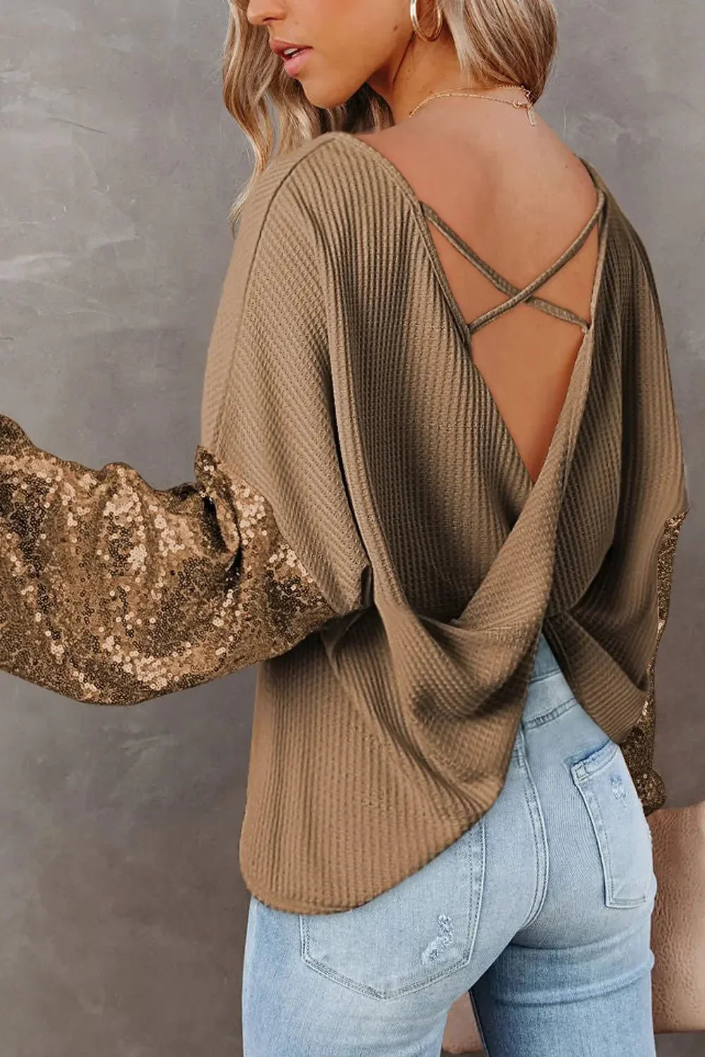 Sequin Waffle - Knit Blouse - VILLA FASHION