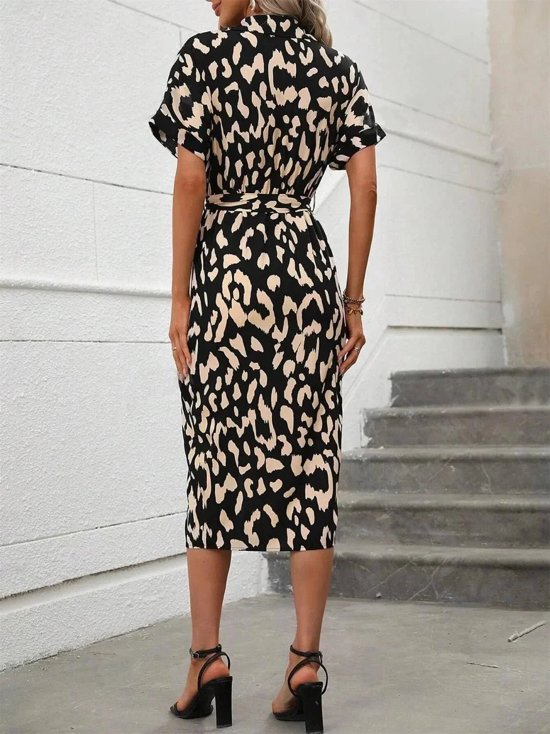 Short Sleeve Tie Waist Dress - VILLA FASHION