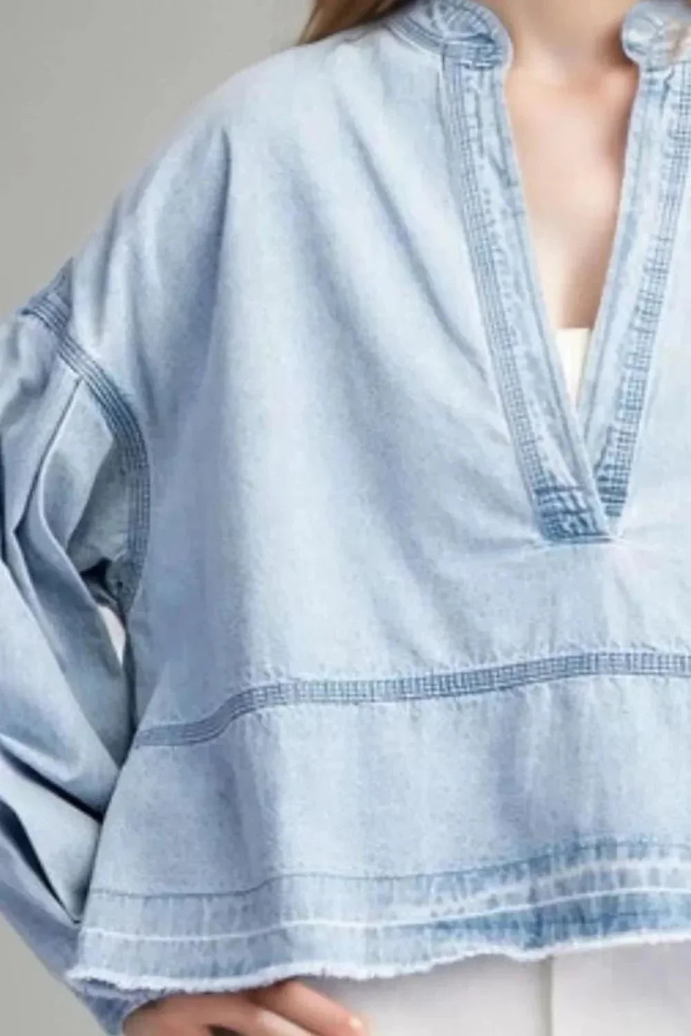 Slit Raw Hem Notched Denim Top - VILLA FASHION