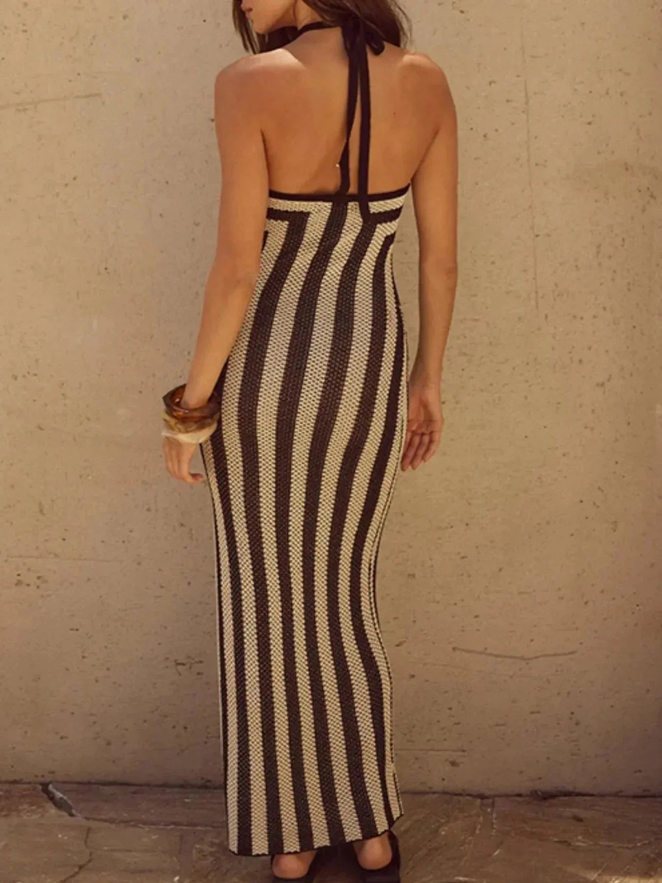 Slit Striped Halter Neck Dress - VILLA FASHION