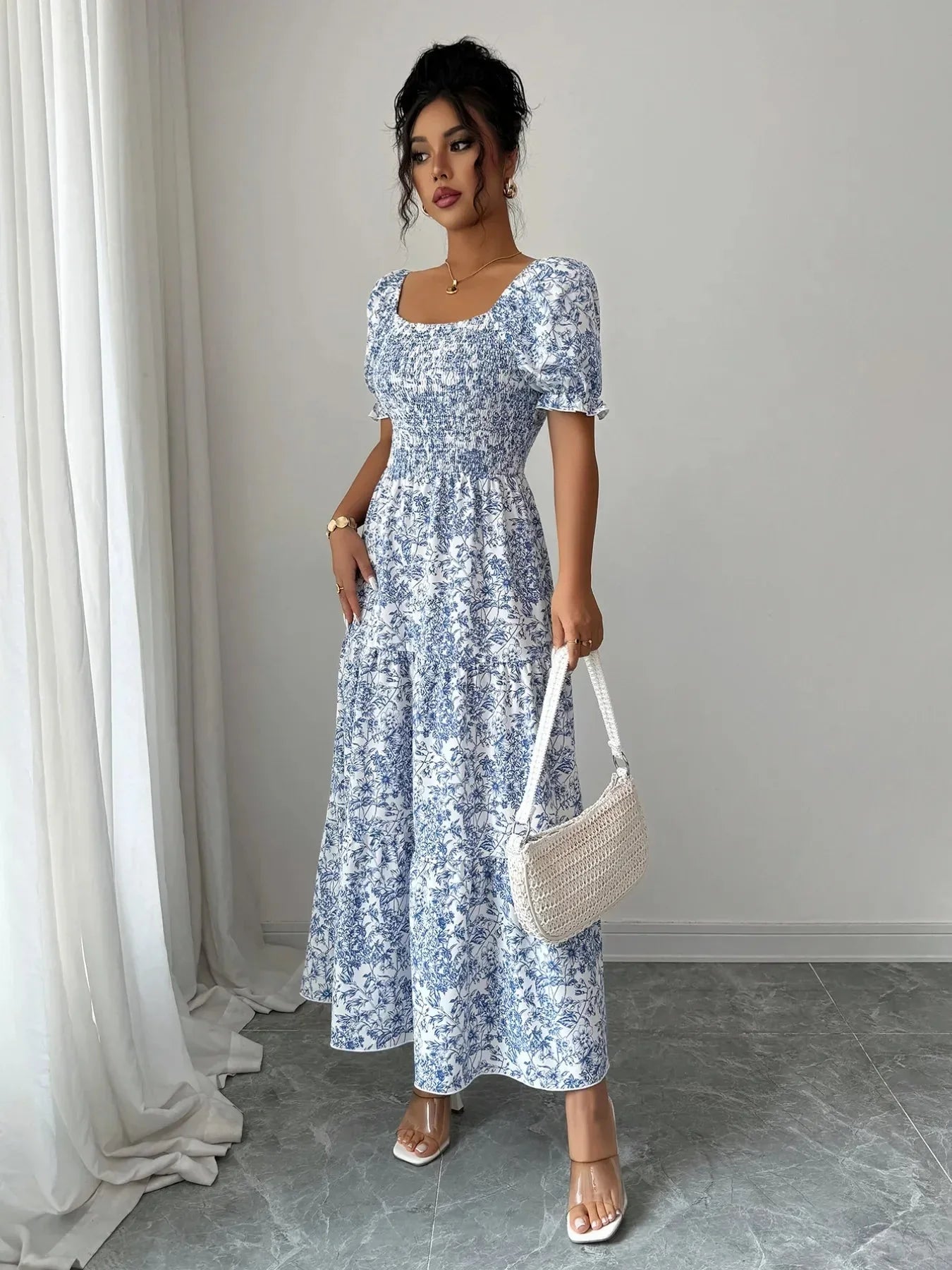 Smocked Printed Short Sleeve Dress - VILLA FASHION