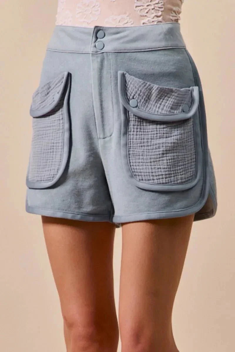 SO ME Mineral Washed Terry High Rise Cargo Shorts - VILLA FASHION