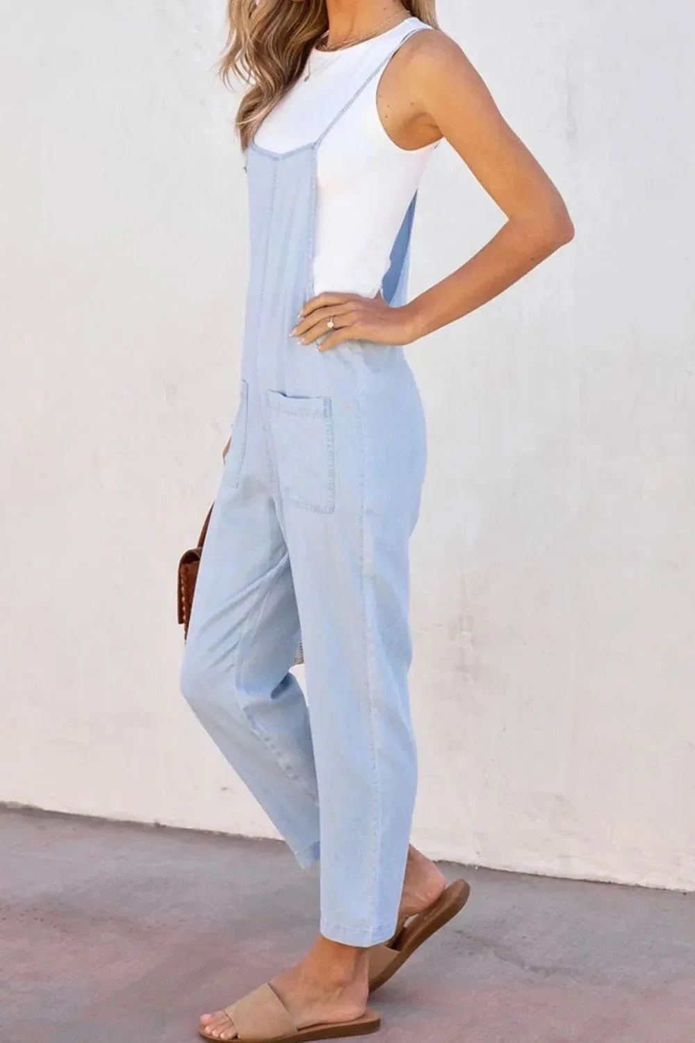 Spaghetti Strap Denim Overalls with Pockets - VILLA FASHION