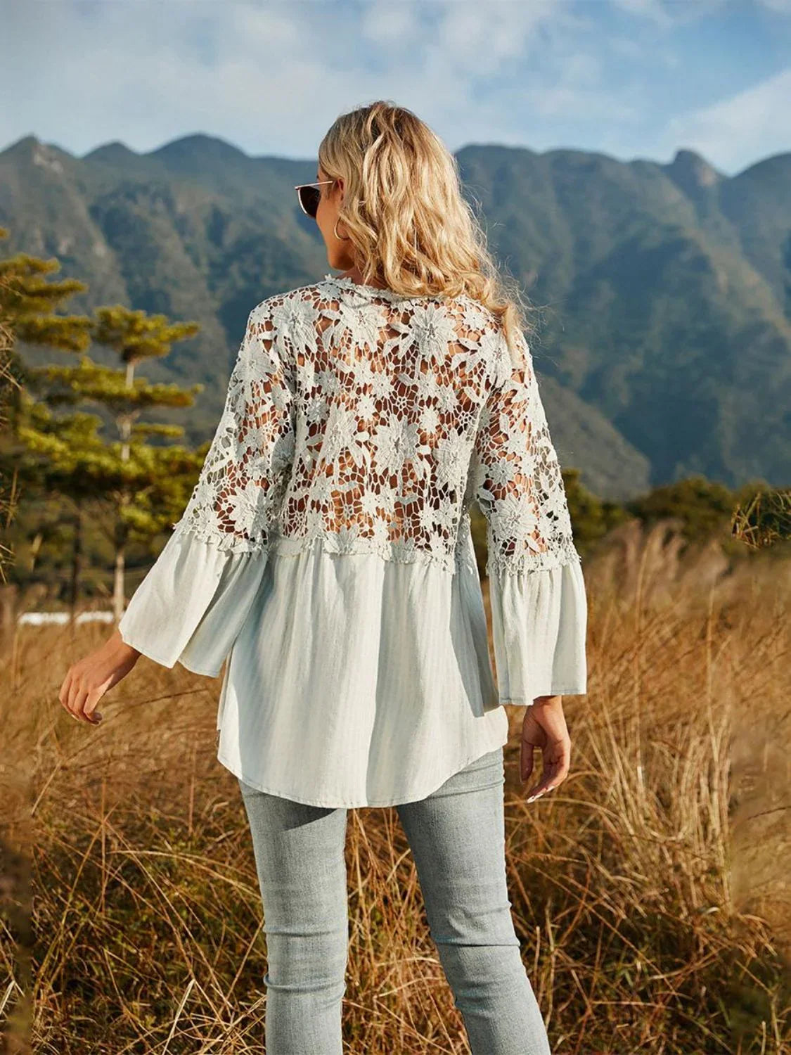 Spliced Lace Buttoned Blouse - VILLA FASHION