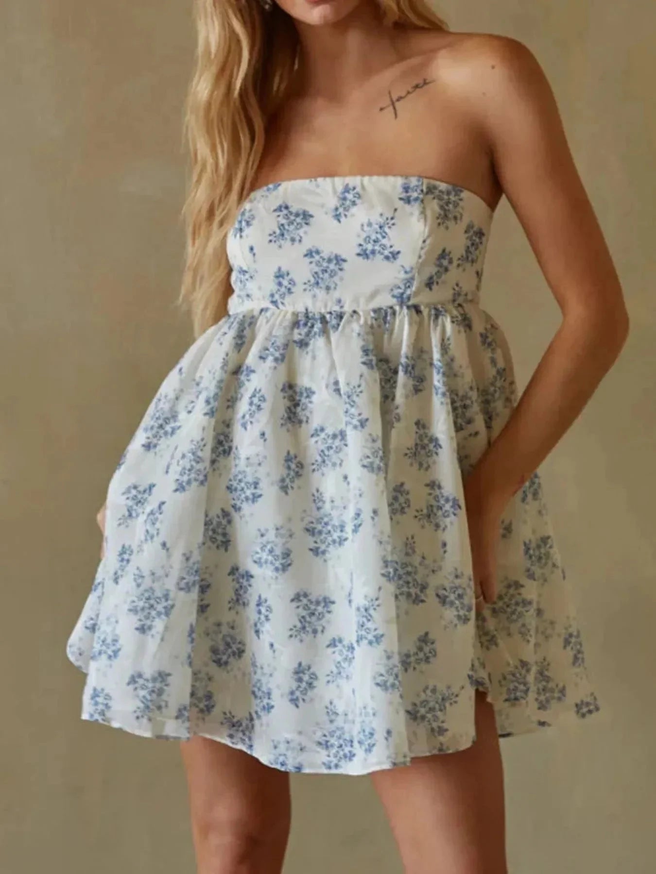 Strapless Floral Print Summer Dress - VILLA FASHION