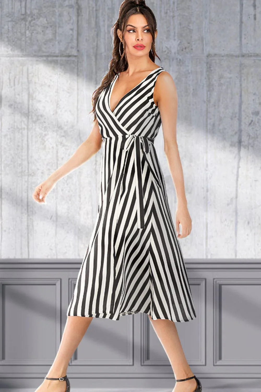 Striped Surplice Tied Sleeveless Dress - VILLA FASHION
