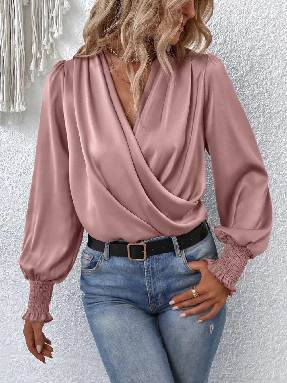 Surplice Smocked Lantern Sleeve Blouse - VILLA FASHION