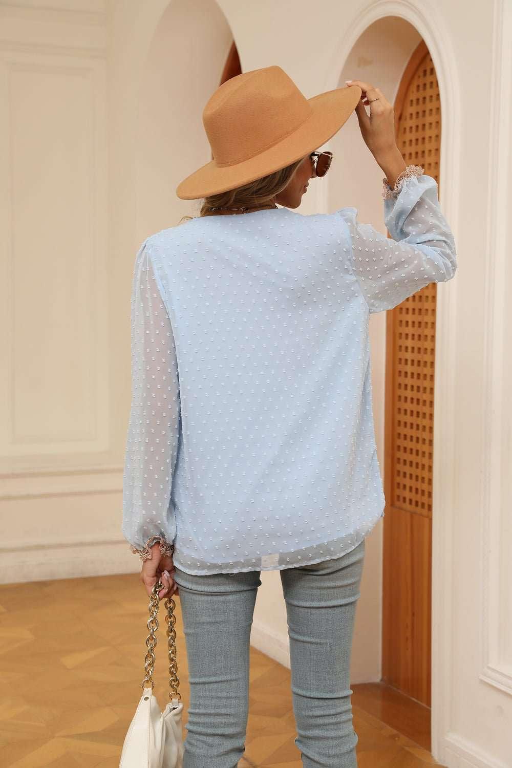 Swiss Dot Contrast V - Neck Blouse - VILLA FASHION