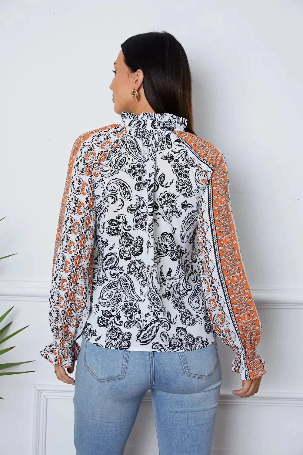 Tassel Tie Neck Printed Smocked Long Sleeve Blouse - VILLA FASHION
