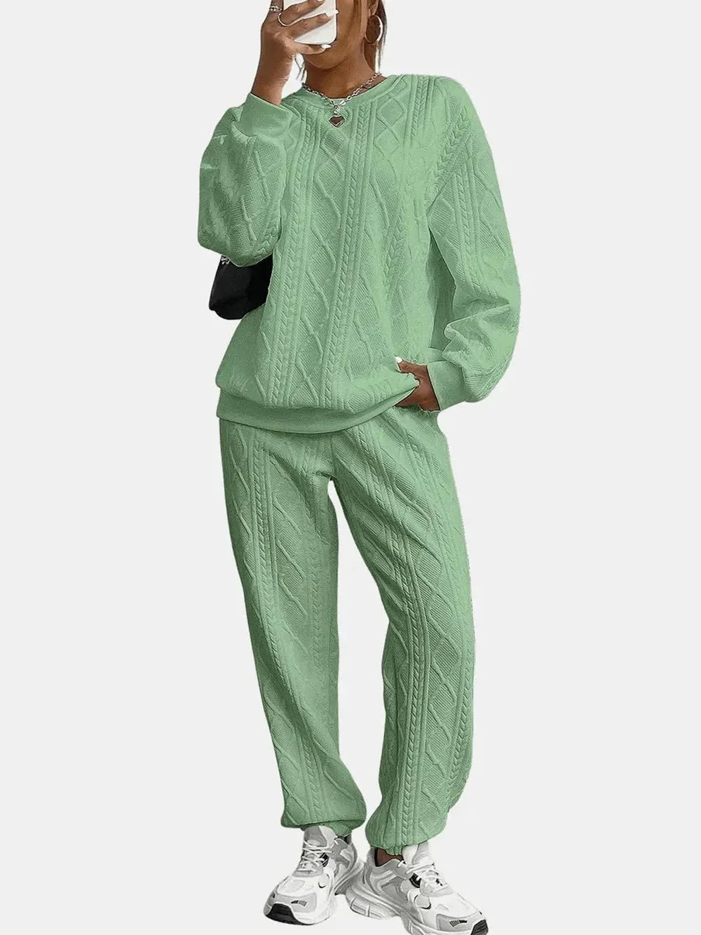 Texture Round Neck Top and Pants Set - VILLA FASHION