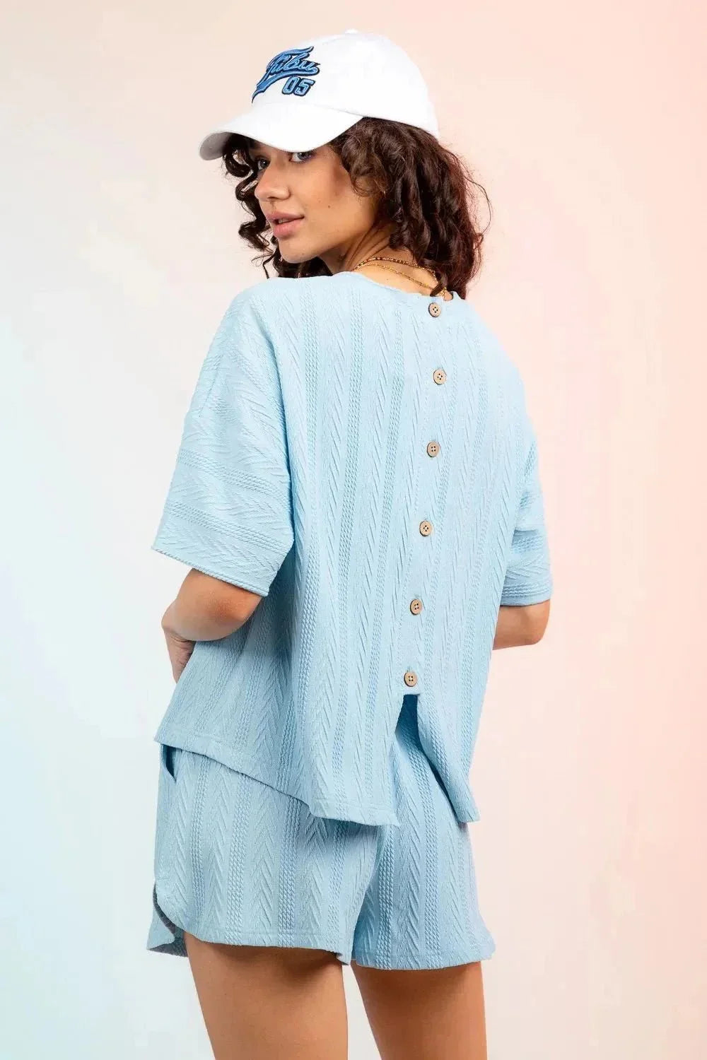 Textured Round Neck Top and Shorts Set - VILLA FASHION