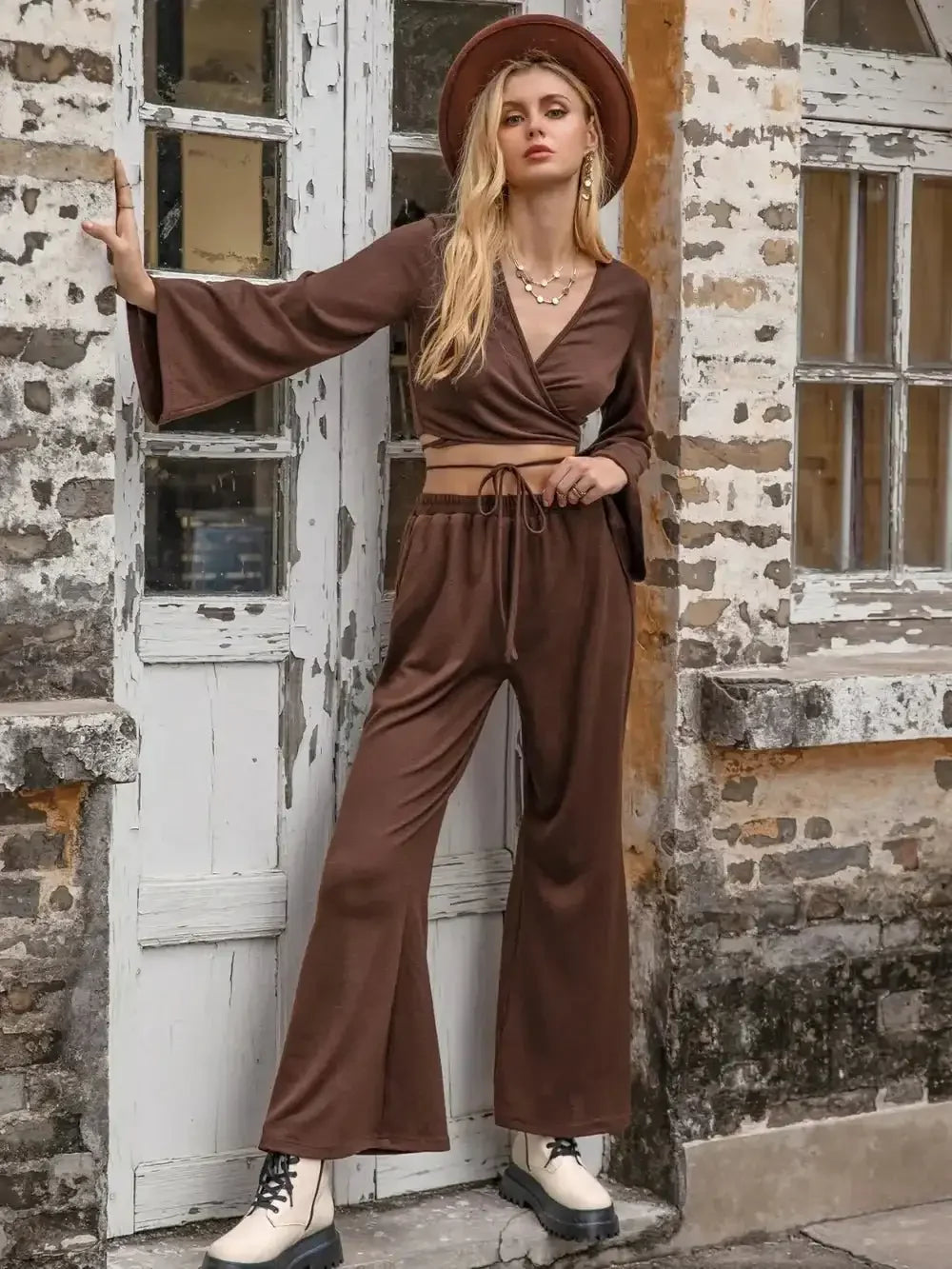 Tied Flare Sleeve Top and Pants Set - VILLA FASHION
