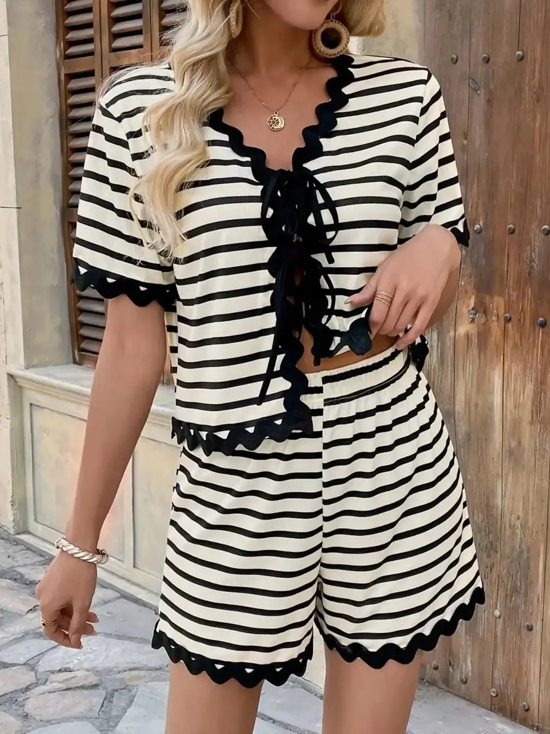 Tied Front Striped Top and Shorts Set - VILLA FASHION