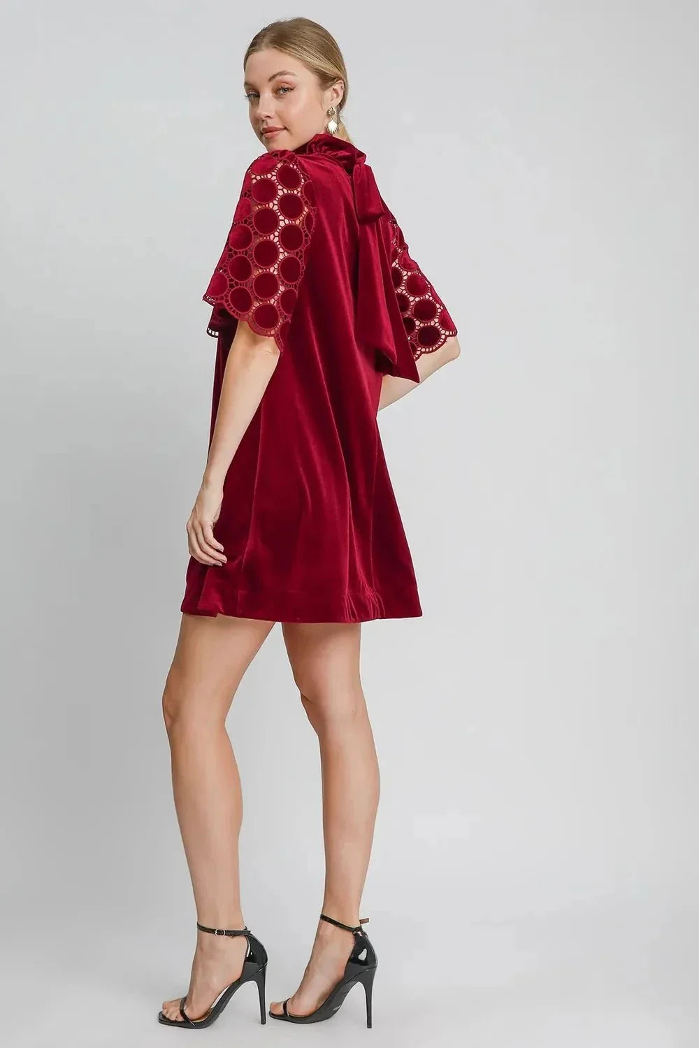 Umgee Dotted Lace Half Sleeve Mock Neck Back Tie Velvet Dress - VILLA FASHION