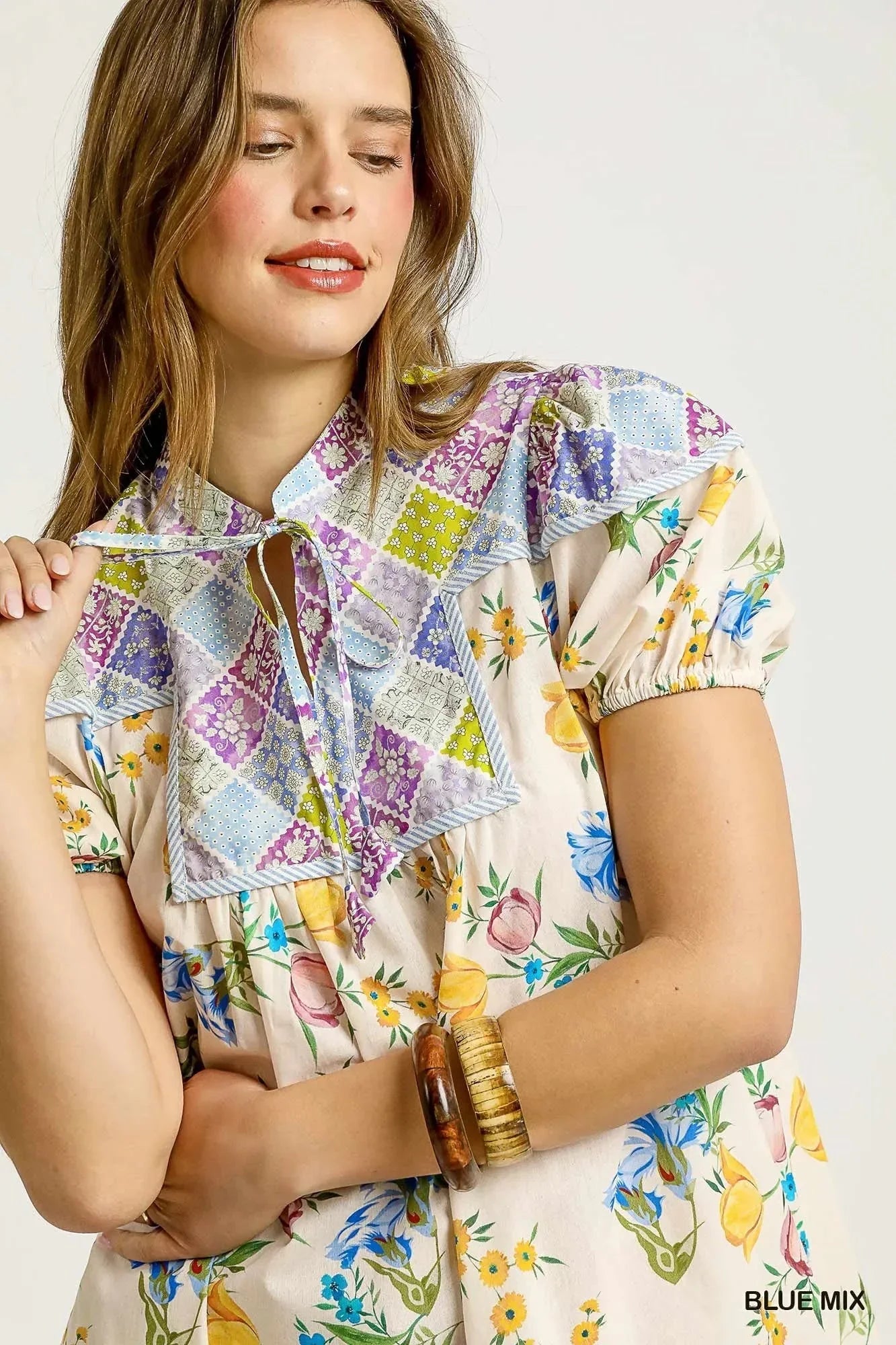 Umgee Floral Print Tie Neck Puff Sleeve Dress - VILLA FASHION