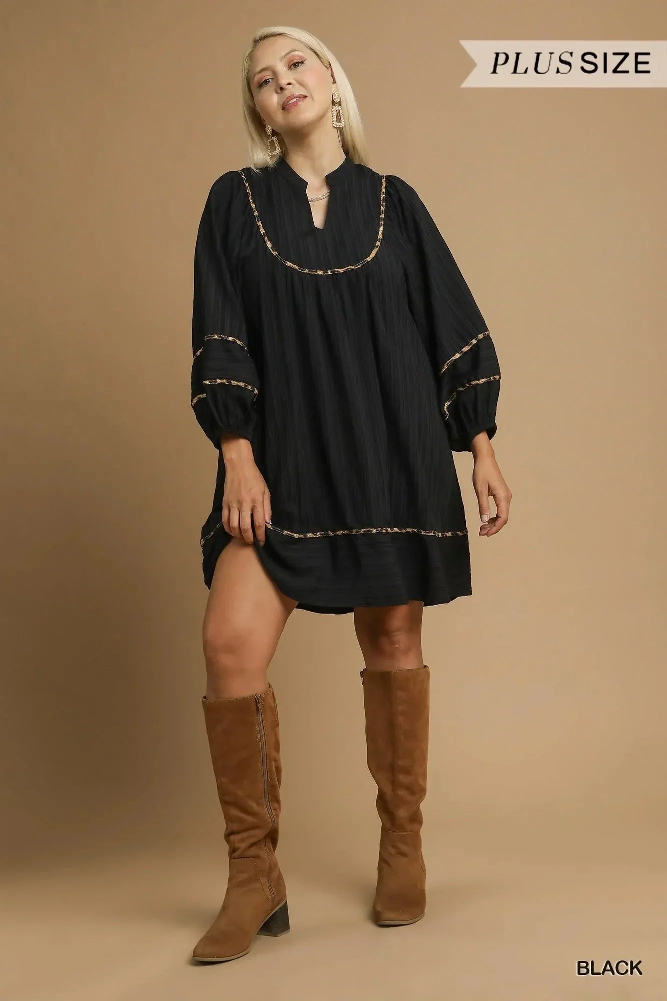 Umgee Full Size Textured Babydoll Dress with Leopard Trim Plus Size - VILLA FASHION