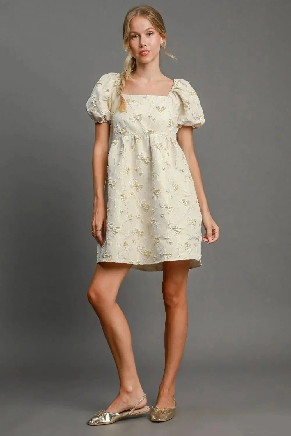 Umgee Heart Jacquard Square Neck Puff Sleeve Mini Dress - VILLA FASHION