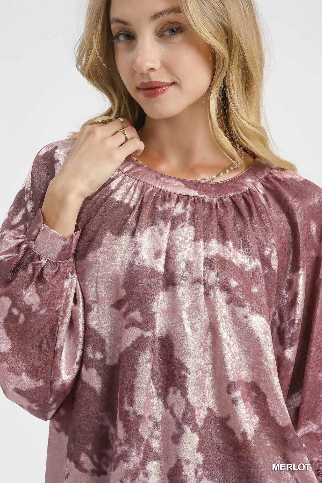 Umgee Metallic Fabric Blouse with Balloon Sleeves - VILLA FASHION