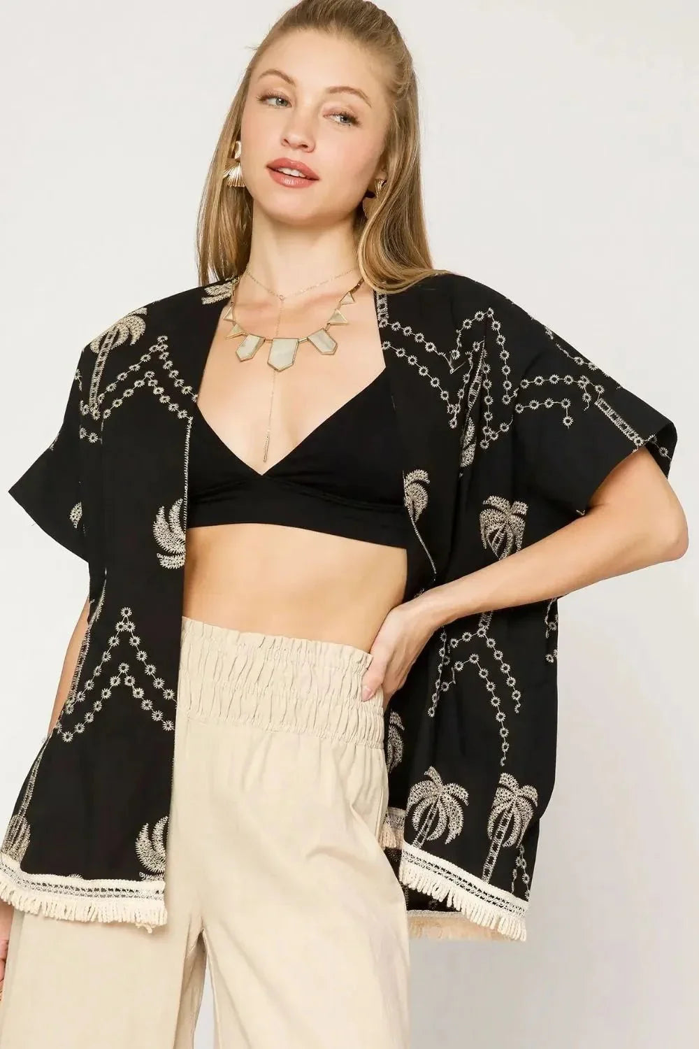 Umgee Open Front Embroidered Fringe Kimono - VILLA FASHION