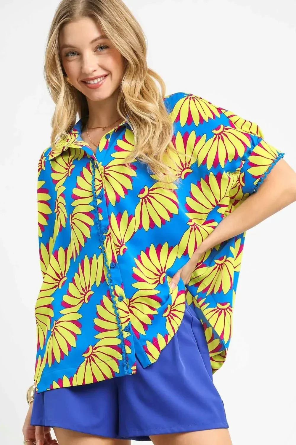 Umgee Printed Button - Up Relaxed Shirt - VILLA FASHION