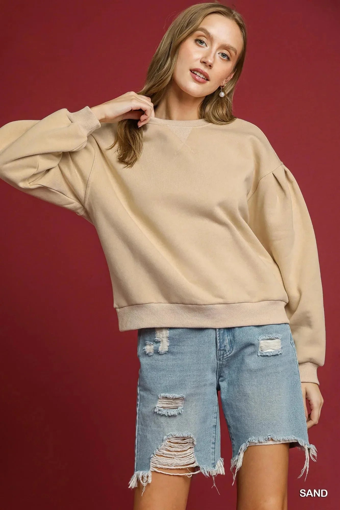 Umgee Round Neck Sweatshirt with Pleated Detail - VILLA FASHION