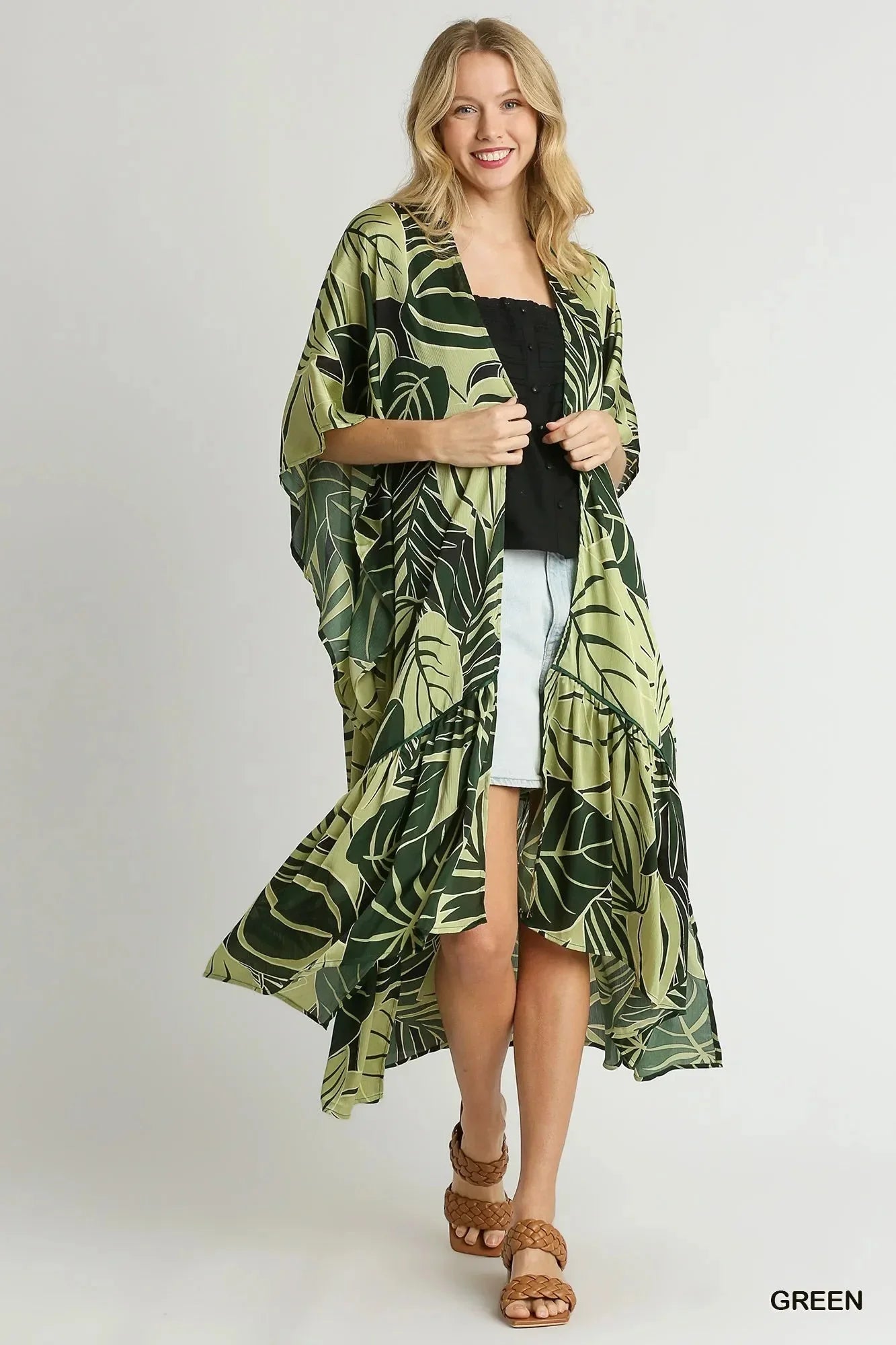 Umgee Satin Tropical Plant Print Open Front Kimono with Ruffle Details - VILLA FASHION