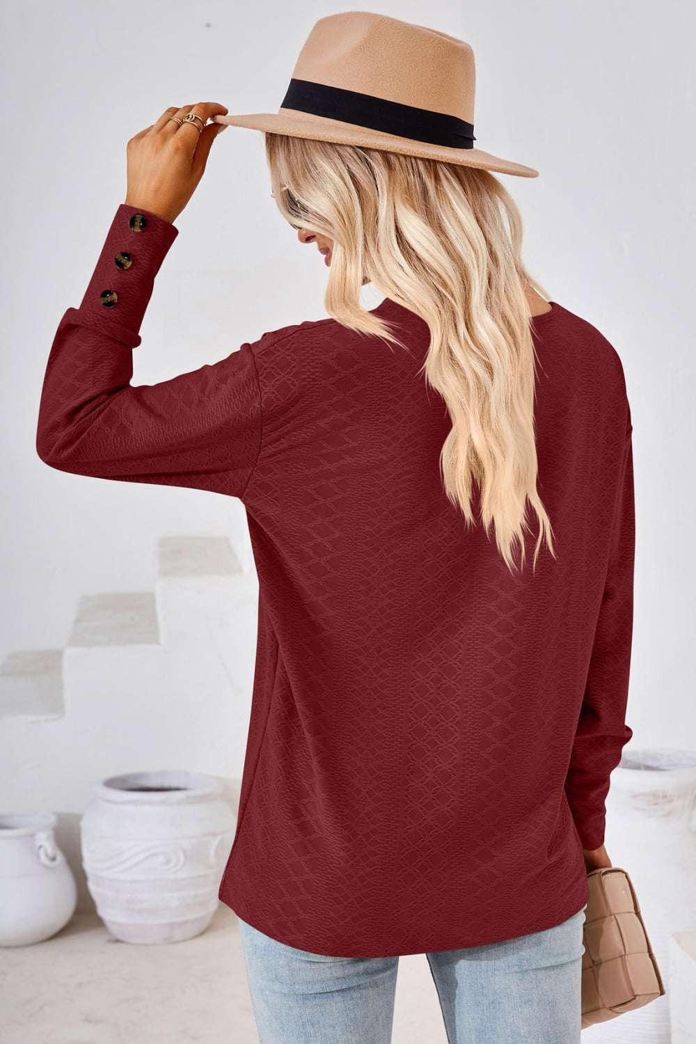 V - Neck Long Sleeve Blouse - VILLA FASHION
