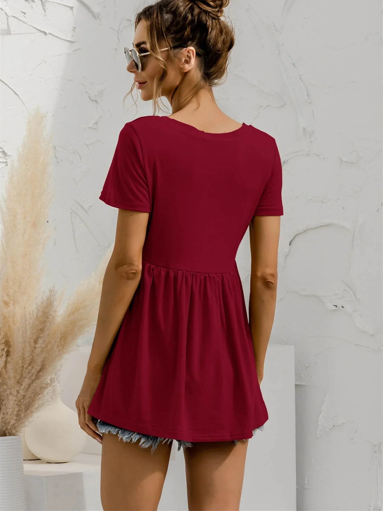 V - Neck Short Sleeve Babydoll Top - VILLA FASHION