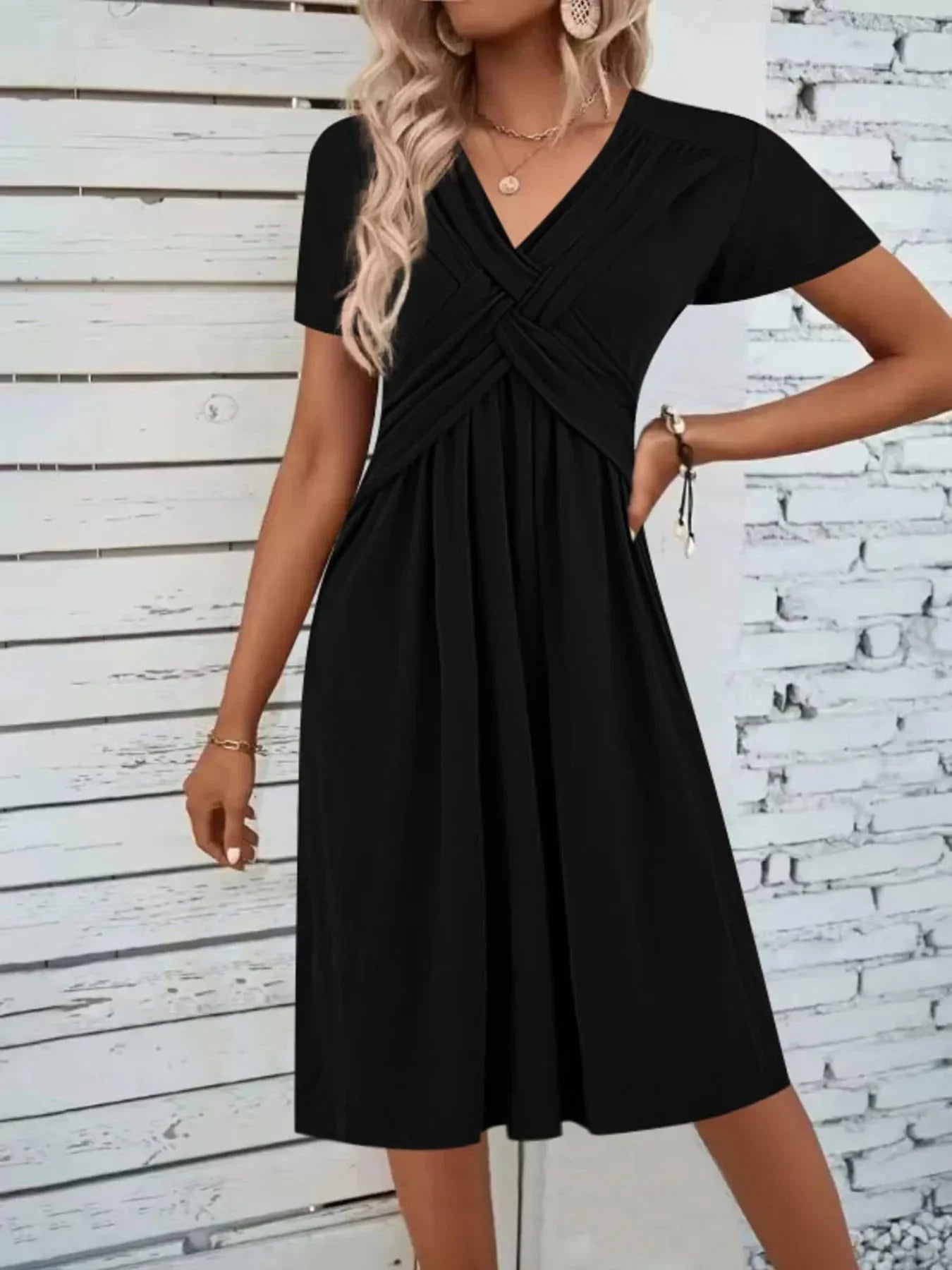 V - Neck Short Sleeve Midi Dress - VILLA FASHION