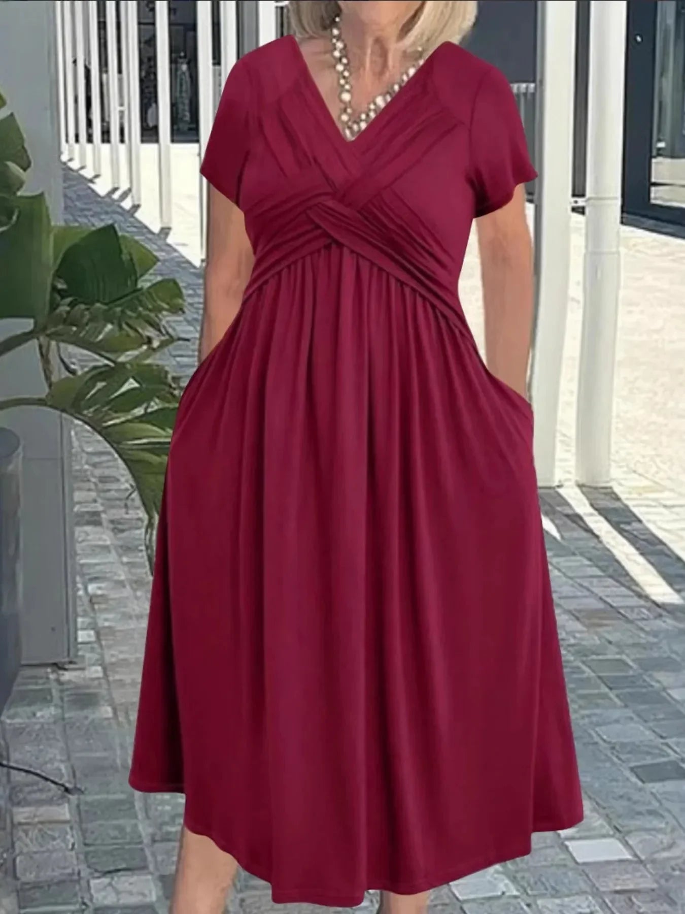 V - Neck Short Sleeve Midi Dress - VILLA FASHION