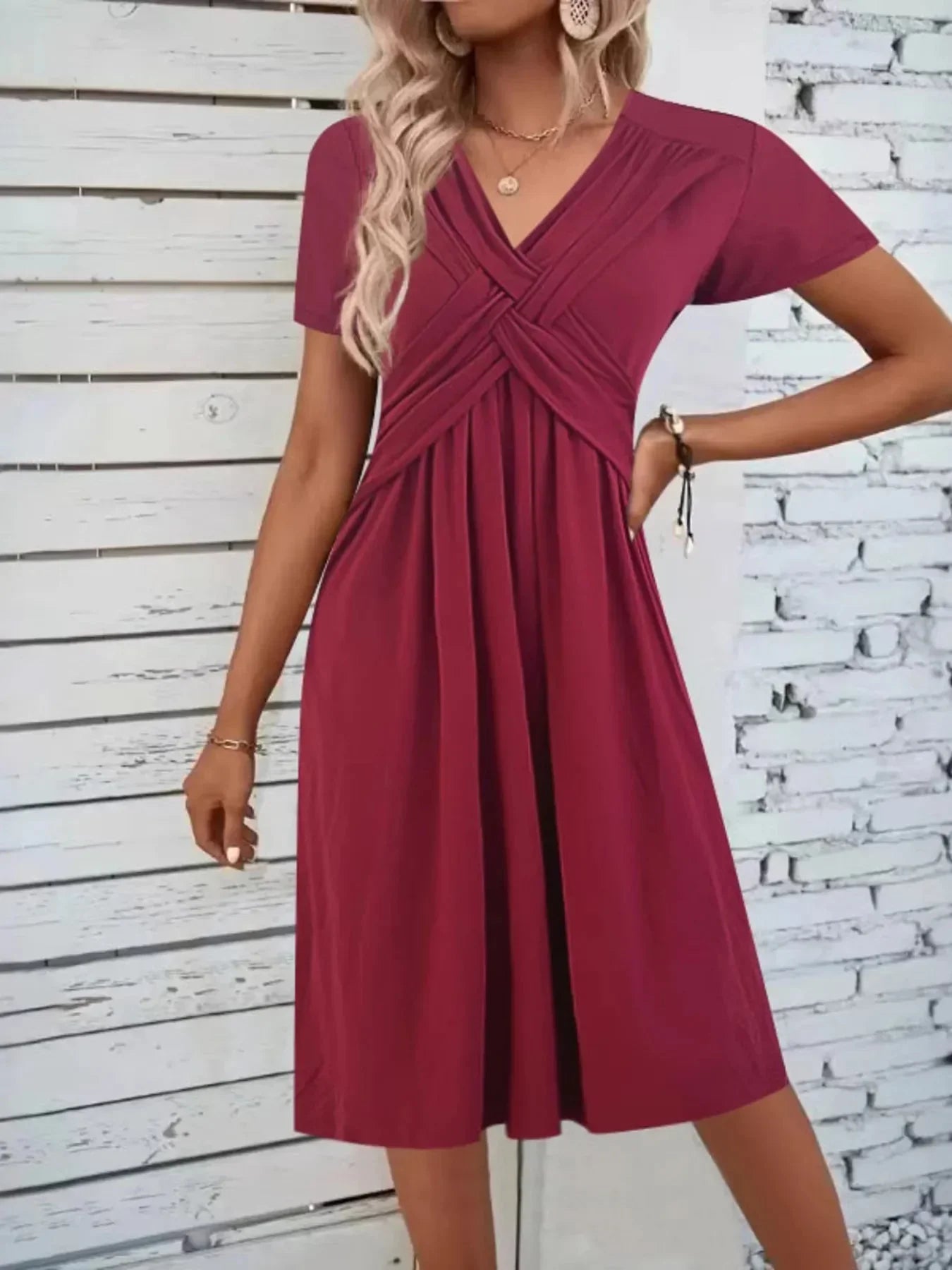 V - Neck Short Sleeve Midi Dress - VILLA FASHION