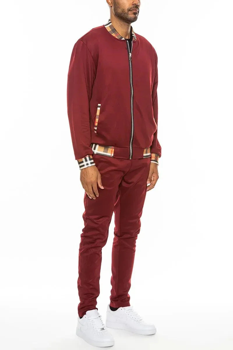 WEIV Full Size Checkered Plaid Waist Band Track Set Plus Size - VILLA FASHION