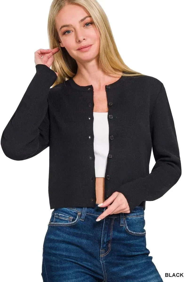 Zenana Button - Front Crewneck Long Sleeve Cropped Cardigan - VILLA FASHION