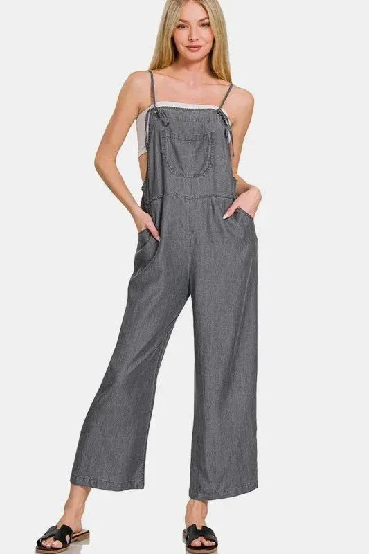 Zenana Washed Adjustable Strap Wide Leg Denim Overalls - VILLA FASHION
