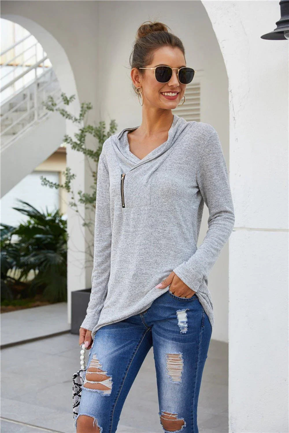 Zip Detail Long Sleeve Top - VILLA FASHION