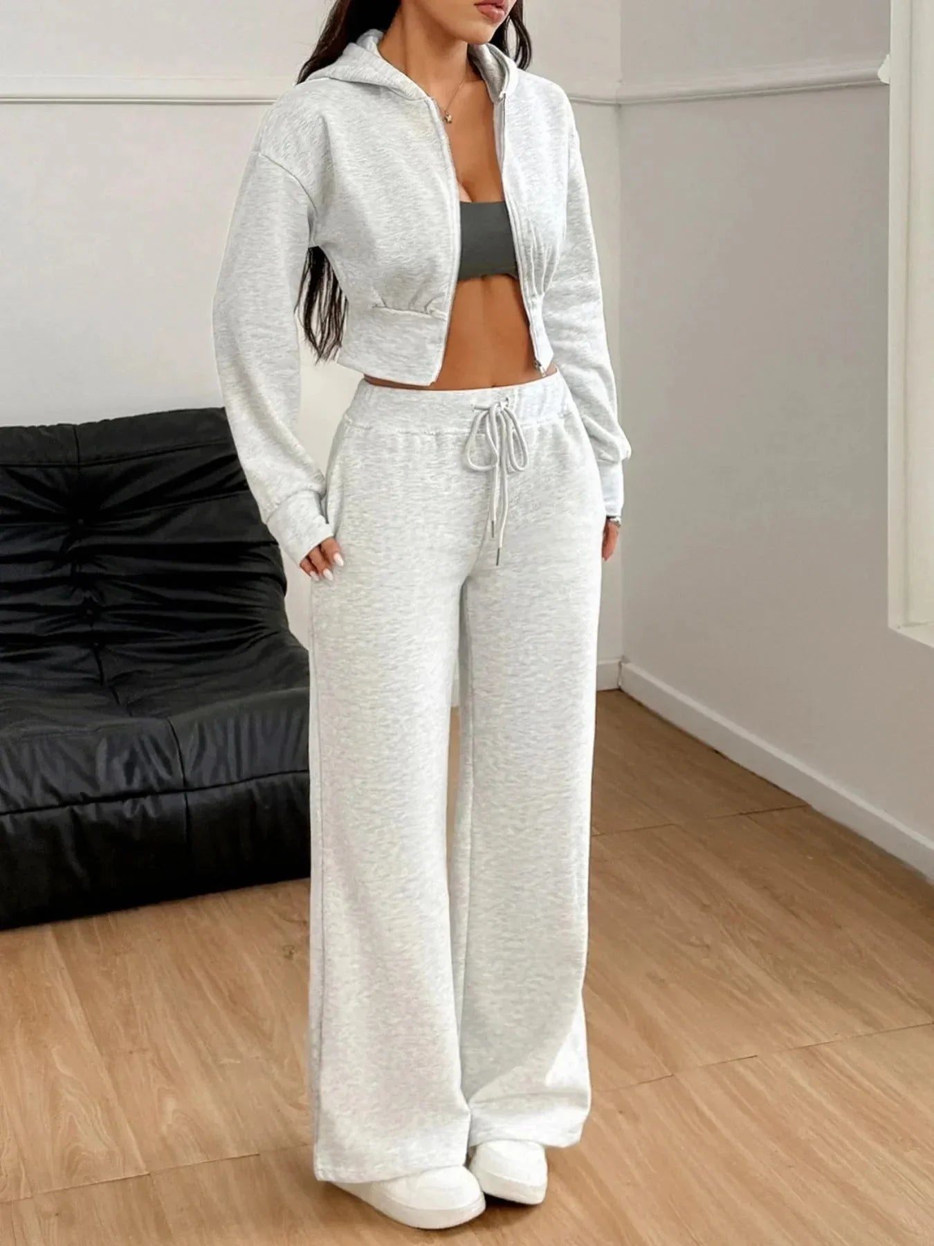 Zip Up Long Sleeve Top and Pants Set - VILLA FASHION