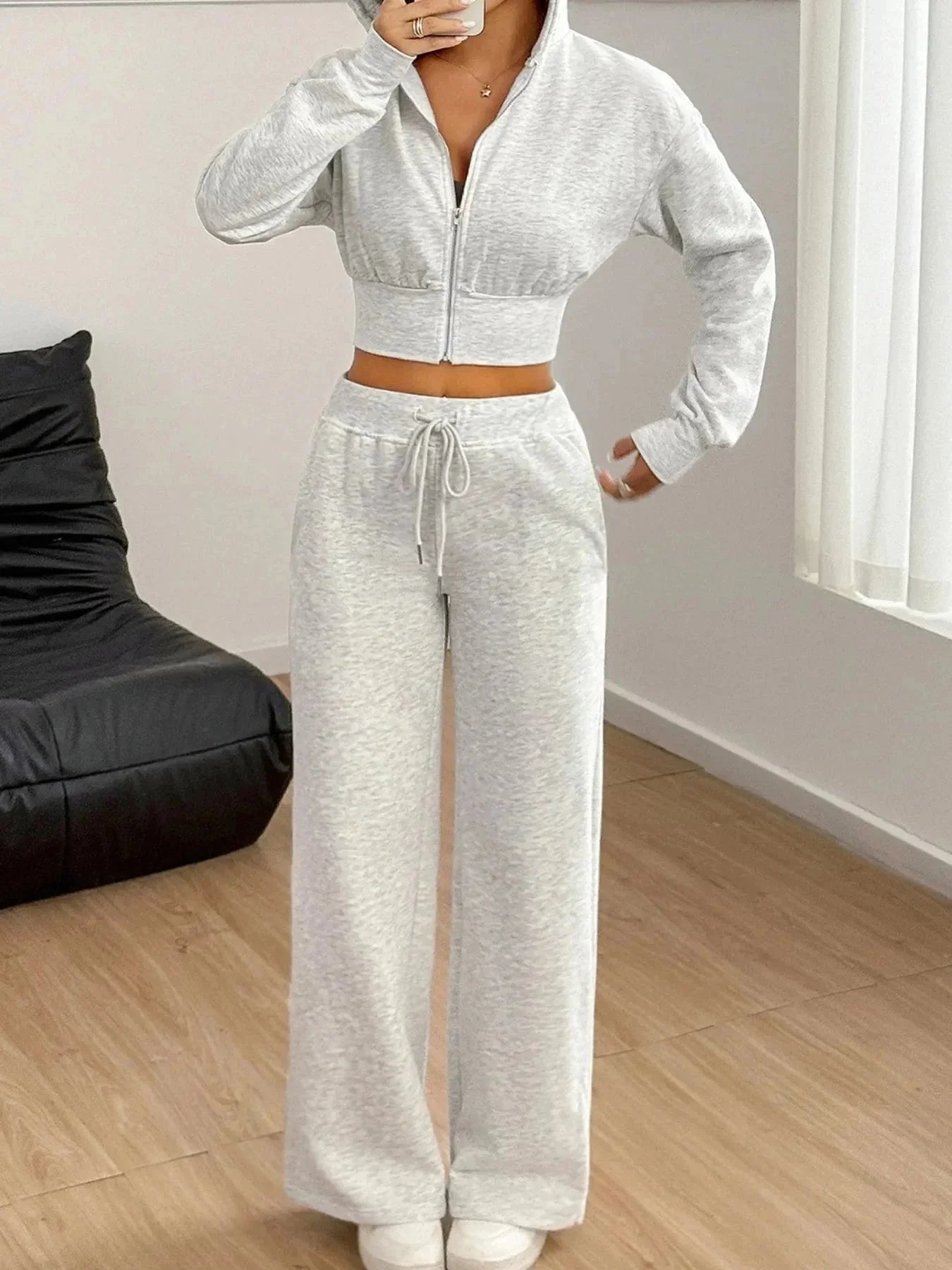Zip Up Long Sleeve Top and Pants Set - VILLA FASHION