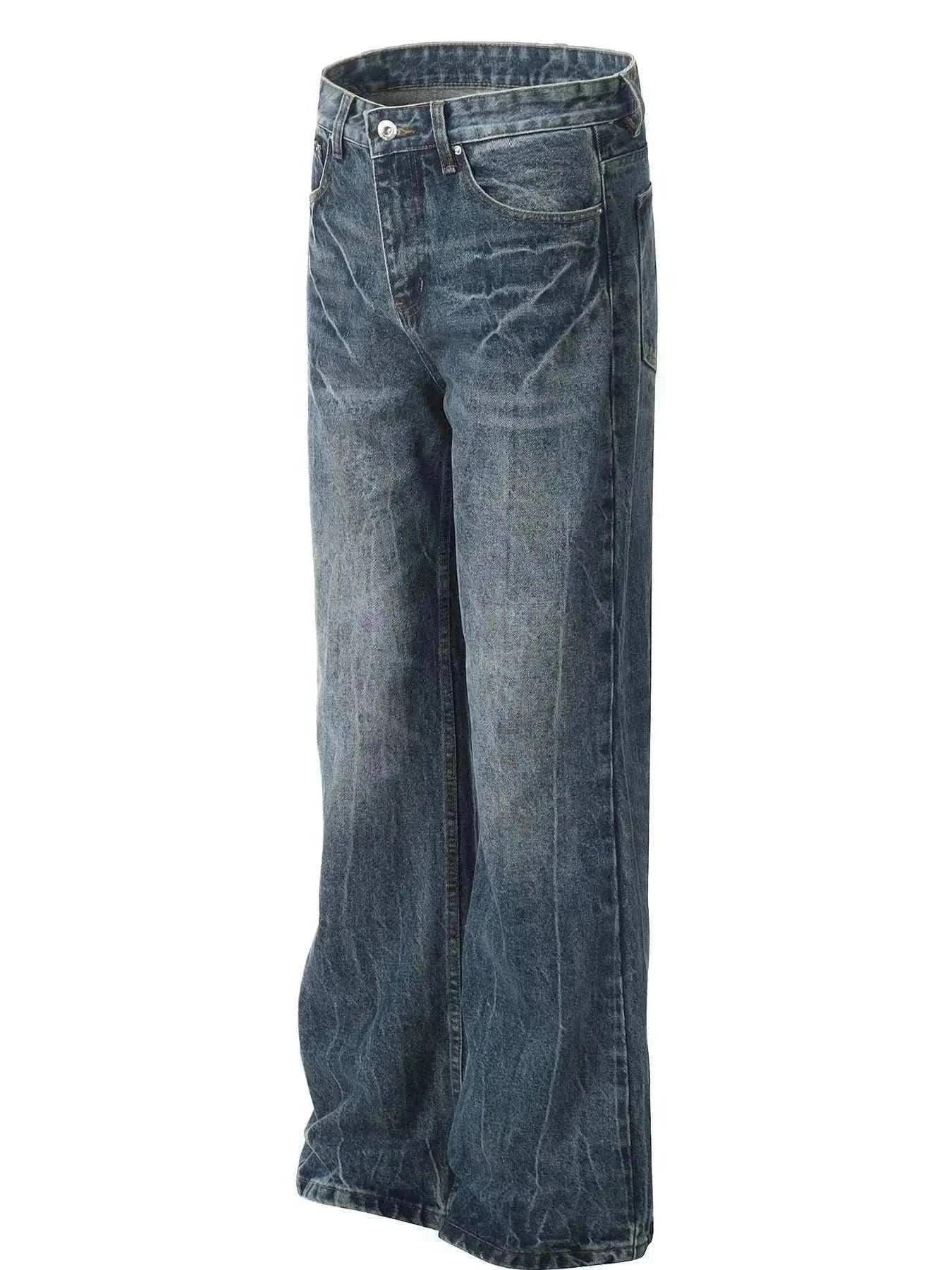 Men's washed wide leg jeans with cat's whisker detailing, slightly stretchy cotton blend fabric, available in multiple sizes
