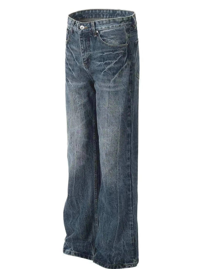 Men's washed wide leg jeans with cat's whisker detailing, slightly stretchy cotton blend fabric, available in multiple sizes