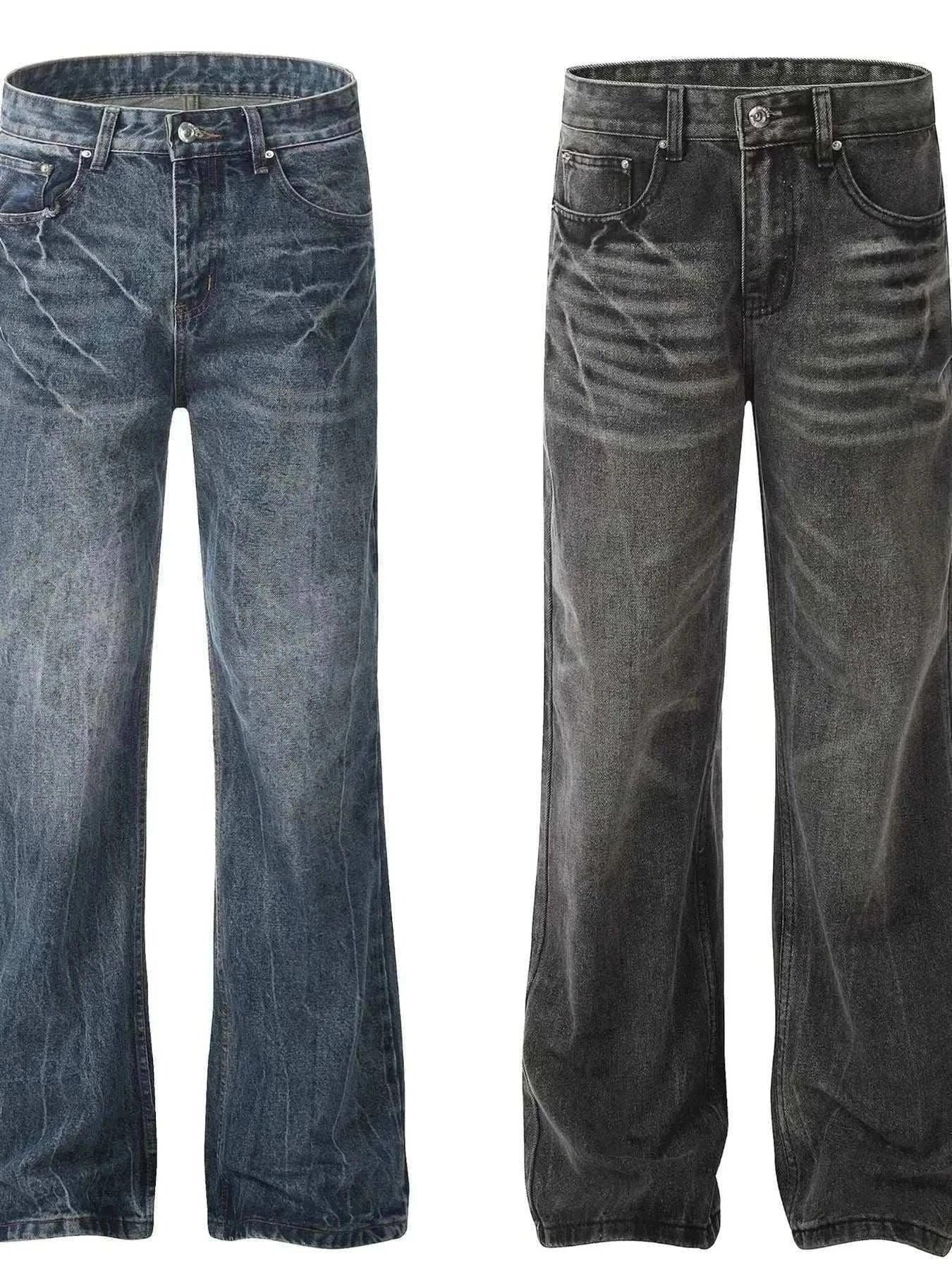 Two pairs of men's wide leg jeans in washed denim with cat's whisker detailing and slight stretch for comfort