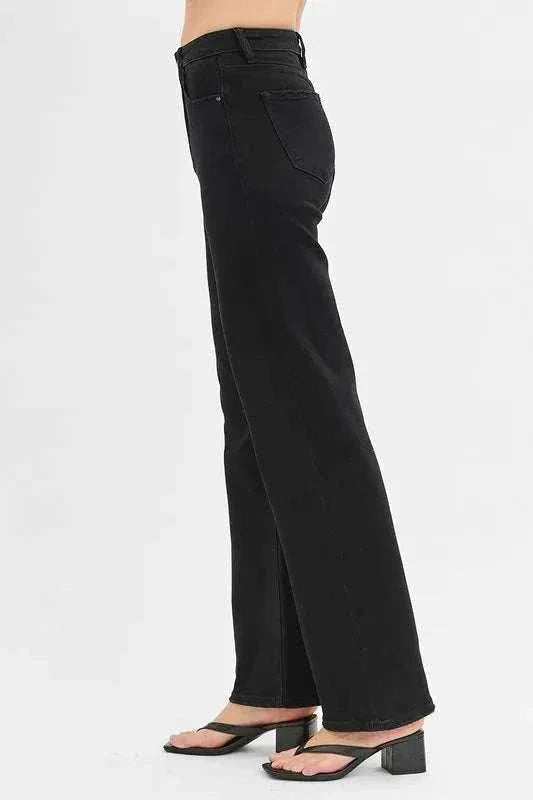 RISEN Full Size black high rise wide leg jeans with pocketed design and slight stretch fabric.