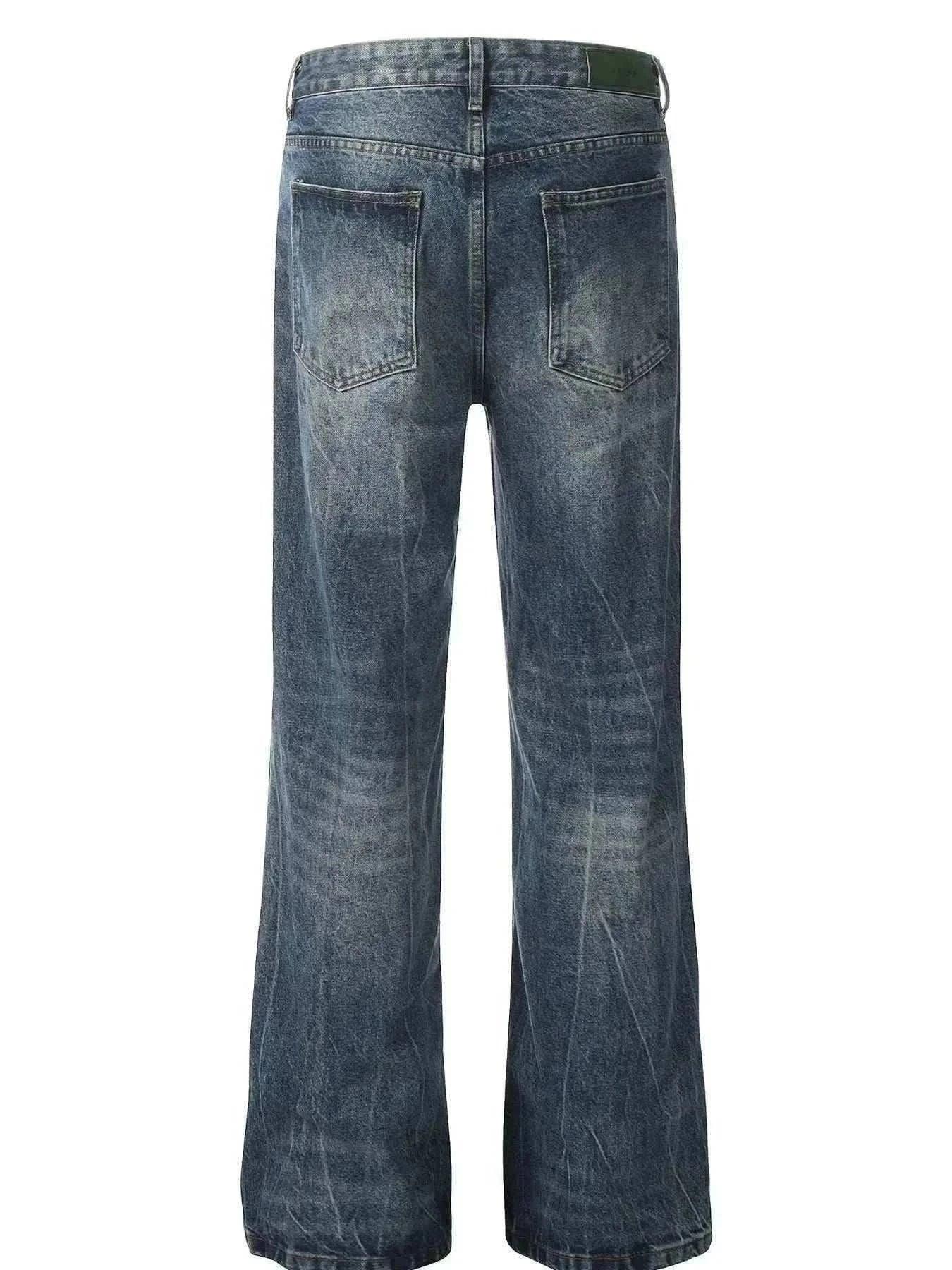 Back view of men's wide leg jeans with cat's whisker wash and slight stretch in denim fabric