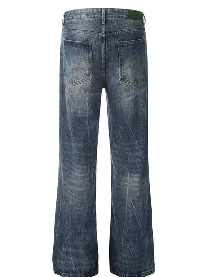 Back view of men's wide leg jeans with cat's whisker wash and slight stretch in denim fabric