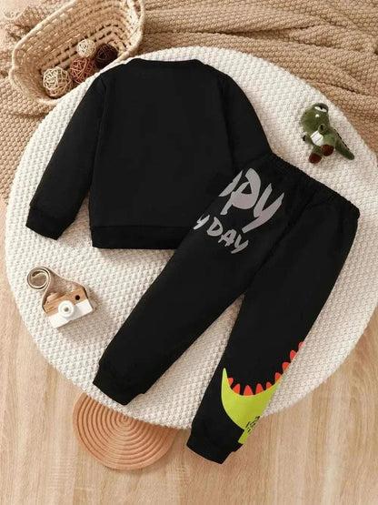 Children's black dinosaur graphic sweatshirt and pants set with colorful dinosaur tail design