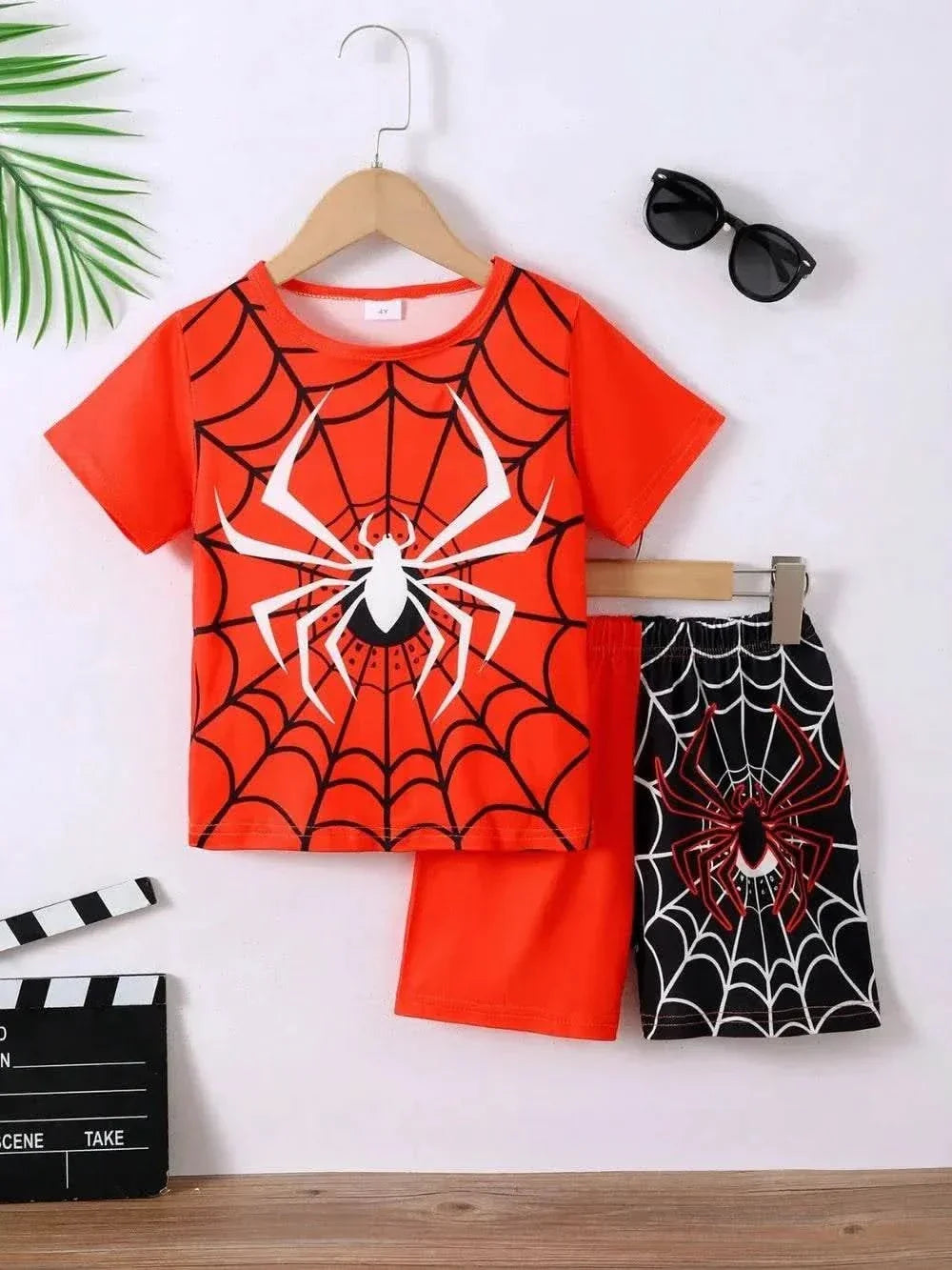 Children's Spider T-Shirt and Pants Set with red spider web design, short sleeves, and matching shorts