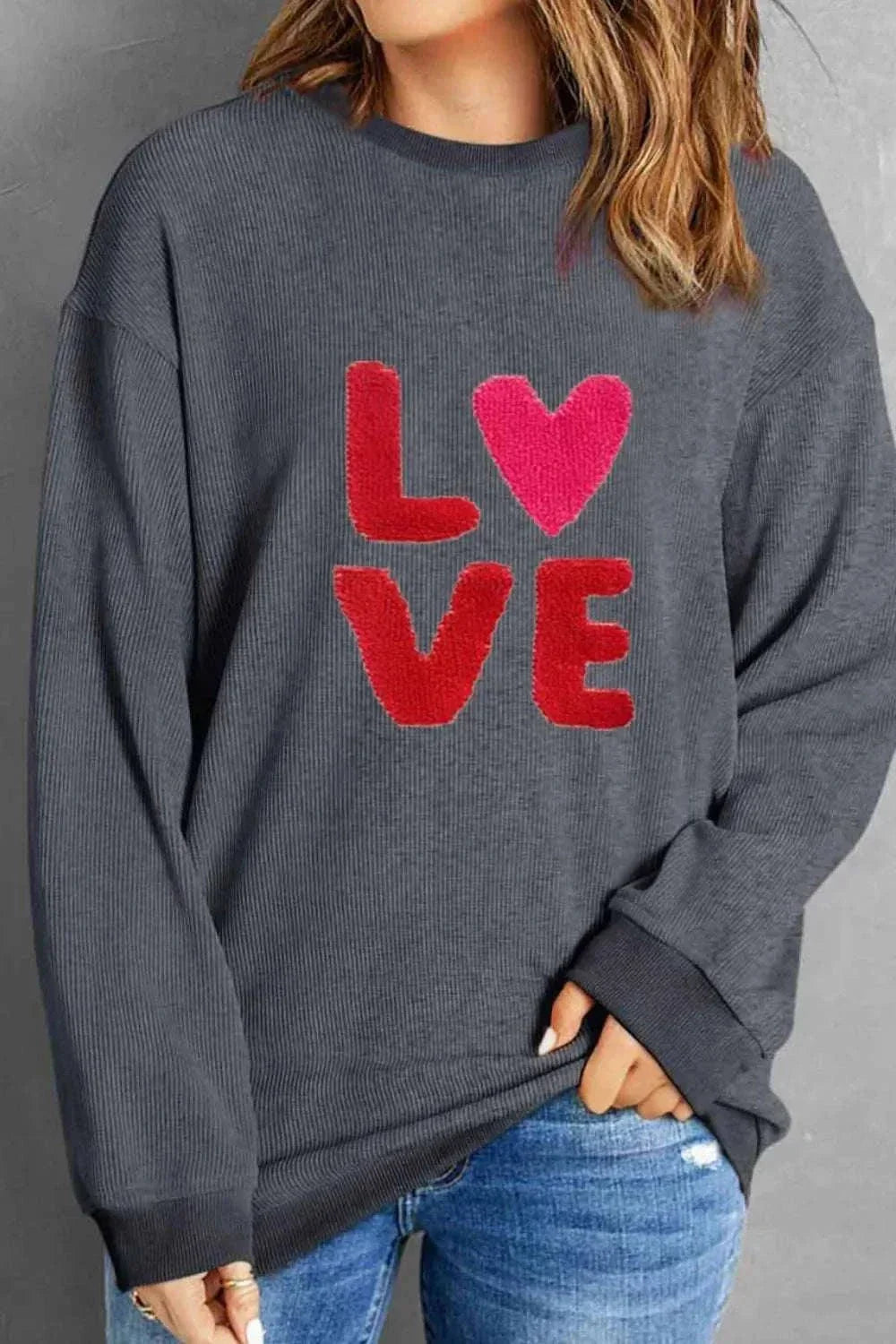 Valentine’s Day LOVE gray round neck long sleeve sweatshirt with red and pink LOVE lettering