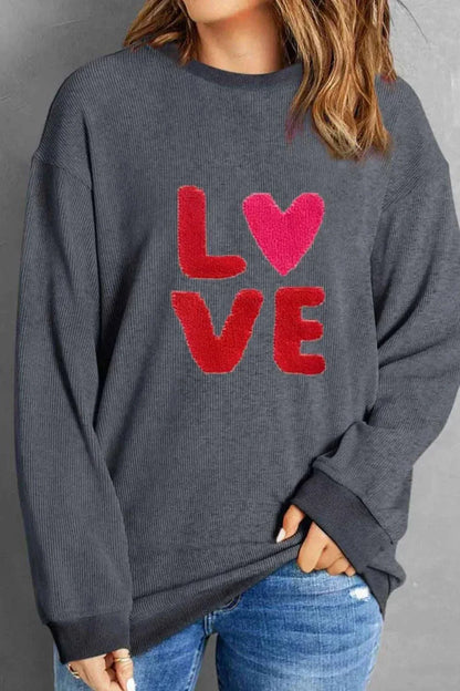 Valentine’s Day LOVE gray round neck long sleeve sweatshirt with red and pink LOVE lettering